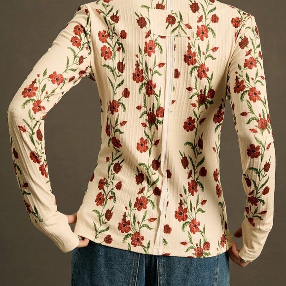 Apricot Boho Women's Elastic Ribbed Long Sleeve T-Shirt w/Floral Cinched Waist - Picture 2 of 6